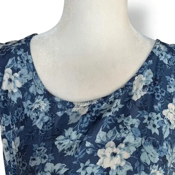 Vintage 90s Blue Floral Midi Dress Sleeveless Rayon A Line Medium Romantic - Picture 5 of 14